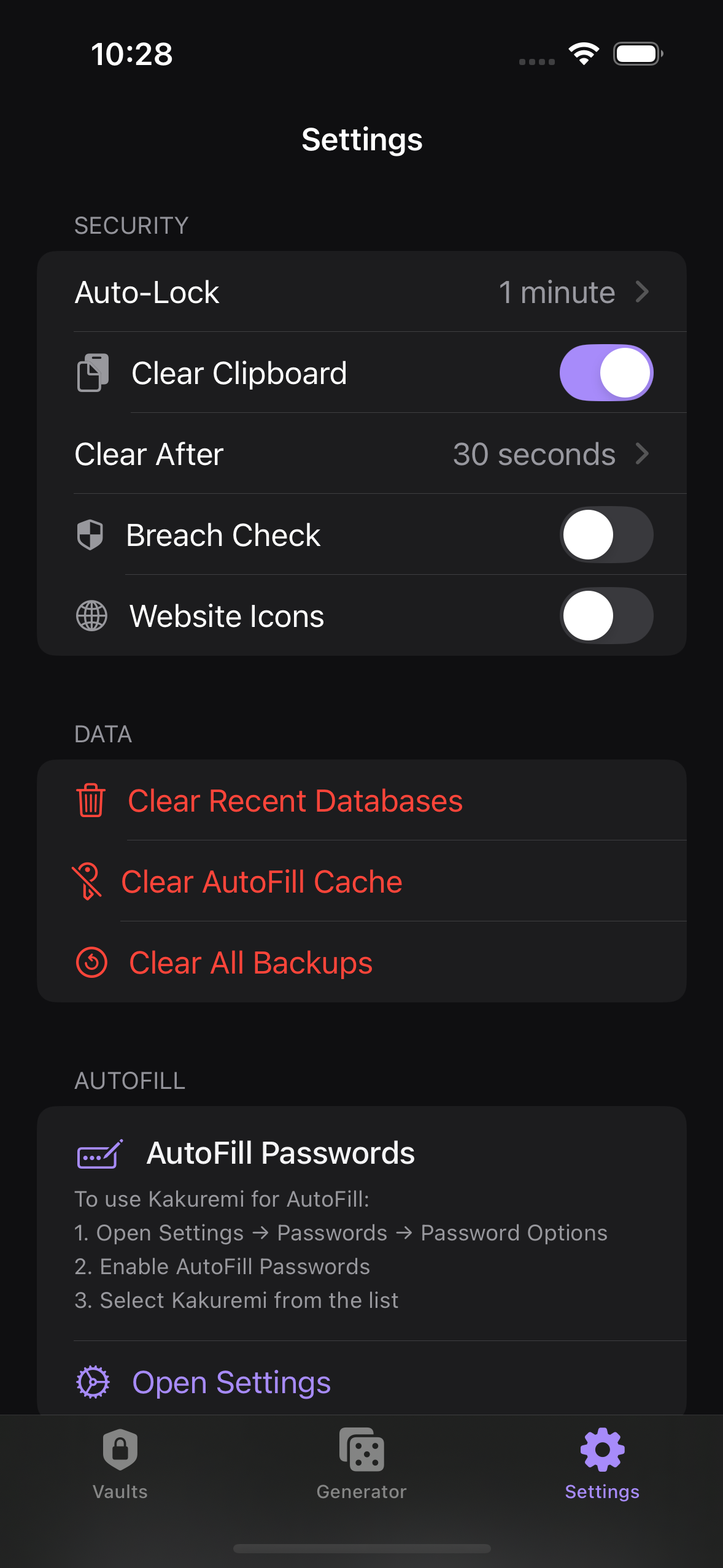 AutoFill section in Kakuremi Settings