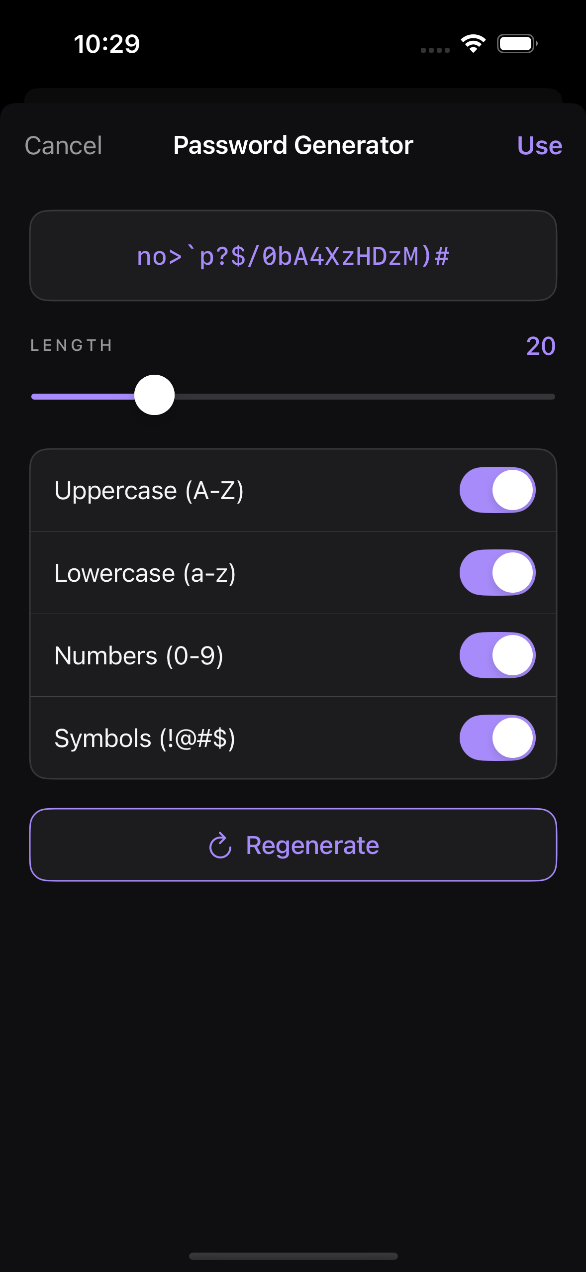 In-editor password generator sheet