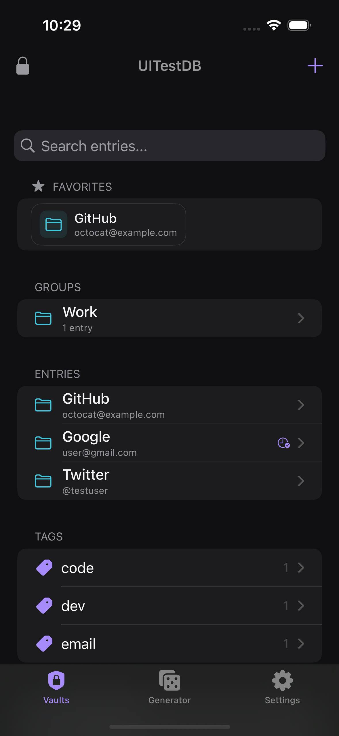 Tags section on the dashboard