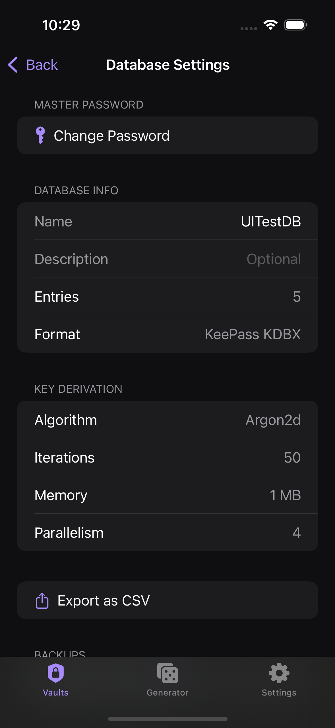 Database settings screen with CSV export